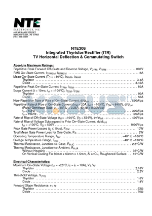 NTE308 datasheet - Integrated Thyristor/Rectifier (ITR) TV Horizontal Deflection & Commutating Switch
