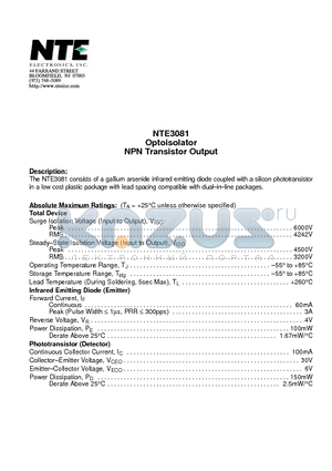 NTE3081 datasheet - Optoisolator NPN Transistor Output