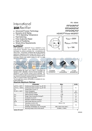 IRF640NSPBF datasheet - HEXFET^ Power MOSFET