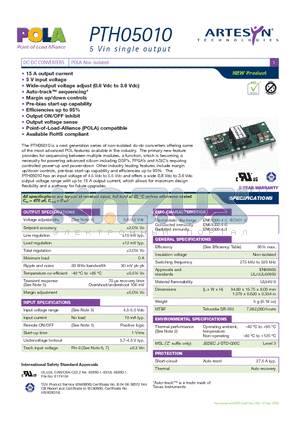 PTH05010WAZ datasheet - DC-DC CONVERTERS POLA Non-isolated