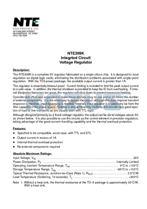 NTE309 datasheet - Integrted Circuit Voltage Regulator