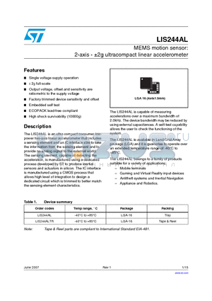 LIS244AL datasheet - MEMS motion sensor:2-axis - a2g ultracompact linear accelerometer