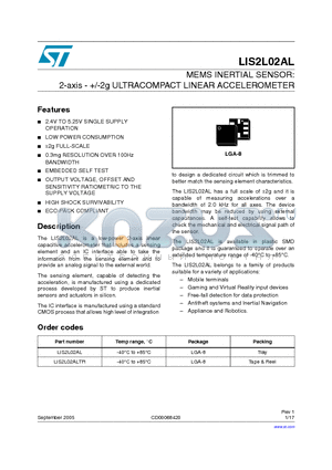 LIS2L02AL datasheet - MEMS INERTIAL SENSOR: 2-axis - /-2g ULTRACOMPACT LINEAR ACCELEROMETER