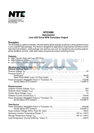 NTE3096 datasheet - Optoisolator Low LED Drive NPN Transistor Output