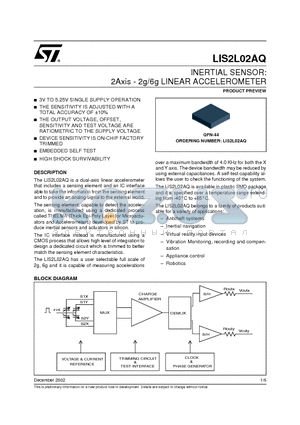 LIS2L02AQ datasheet - INERTIAL SENSOR: 2Axis - 2g/6g LINEAR ACCELEROMETER