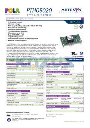 PTH05020WAD datasheet - DC-DC CONVERTERS POLA Non-isolated