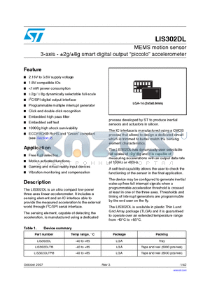 LIS302DL datasheet - MEMS motion sensor 3-axis - a2g/a8g smart digital output piccolo accelerometer