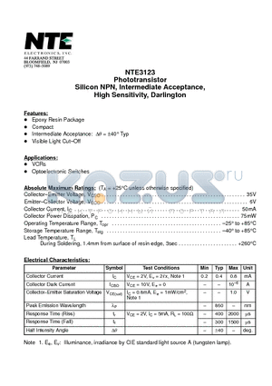 NTE3123 datasheet - Phototransistor Silicon NPN, Intermediate Acceptance, High Sensitivity, Darlington