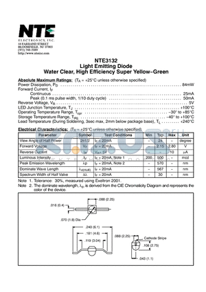 NTE3132 datasheet - Light Emitting Diode Water Clear, High Efficiency Super Yellow−Green