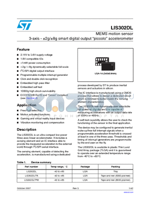 LIS302DLTR8 datasheet - MEMS motion sensor 3-axis - a2g/a8g smart digital output piccolo accelerometer