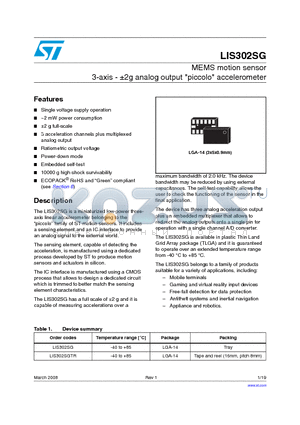 LIS302SG datasheet - MEMS motion sensor 3-axis - a2g analog output -piccolo- accelerometer