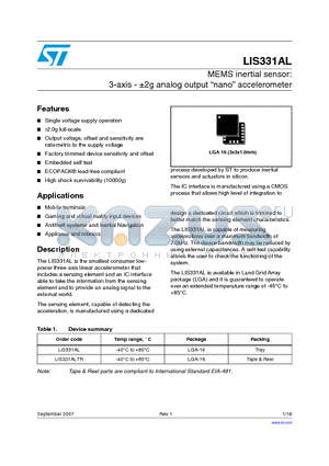 LIS331AL datasheet - MEMS inertial sensor: 3-axis - a2g analog output nano accelerometer