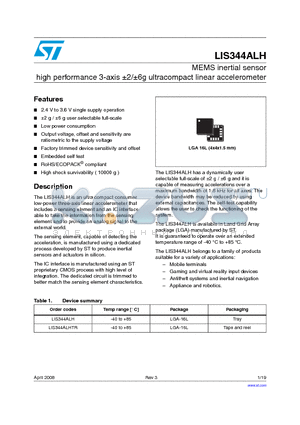 LIS344ALH datasheet - MEMS inertial sensor high performance 3-axis a2/a6g ultracompact linear accelerometer