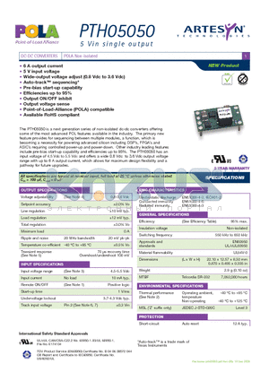 PTH05050WAD datasheet - DC-DC CONVERTERS POLA Non-isolated