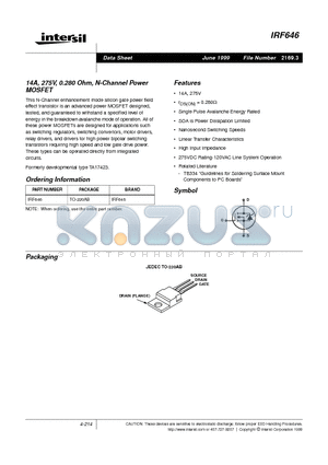 IRF646 datasheet - 14A, 275V, 0.280 Ohm, N-Channel Power MOSFET