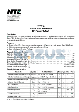 NTE318 datasheet - Silicon NPN Transistor RF Power Output