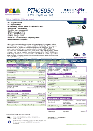 PTH05050WADT datasheet - DC-DC CONVERTERS POLA Non-isolated
