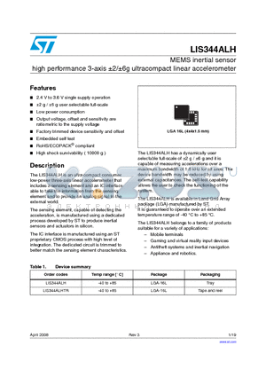 LIS344ALH_0804 datasheet - MEMS inertial sensor high performance 3-axis a2/a6g ultracompact linear accelerometer