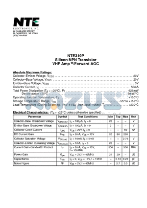 NTE319P datasheet - Silicon NPN Transistor VHF Amp w/Forward AGC