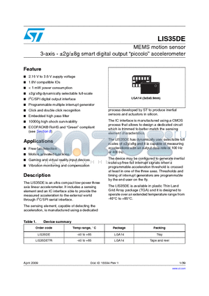 LIS35DE datasheet - MEMS motion sensor 3-axis - a2g/a8g smart digital output piccolo accelerometer