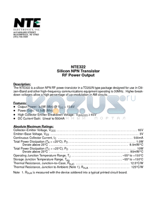 NTE322 datasheet - Silicon NPN Transistor RF Power Output