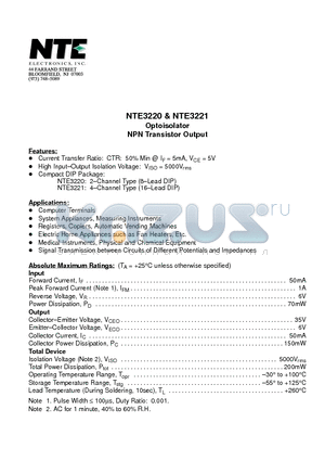 NTE3221 datasheet - Optoisolator NPN Transistor Output