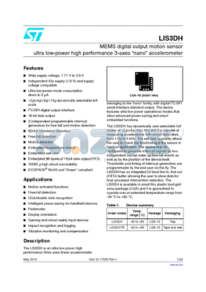 LIS3DHTR datasheet - ultra low-power high performance 3-axes nano accelerometer