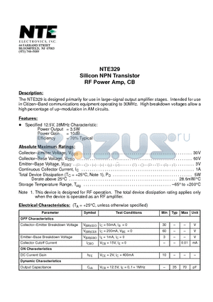 NTE329 datasheet - Silicon NPN Transistor RF Power Amp, CB