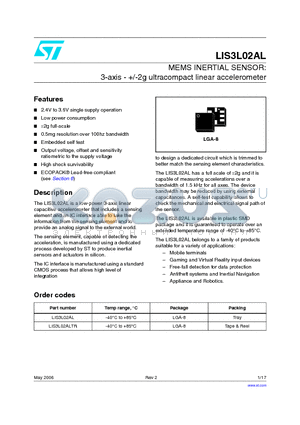 LIS3L02ALTR datasheet - MEMS INERTIAL SENSOR: 3-axis - /-2g ultracompact linear accelerometer