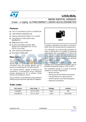 LIS3L06AL datasheet - MEMS INERTIAL SENSOR: 3-axis - /-2g/6g ULTRACOMPACT LINEAR ACCELEROMETER