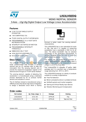 LIS3LV02DQ datasheet - MEMS INERTIAL SENSOR 3-Axis - -2g/-6g Digital Output Low Voltage Linear Accelerometer