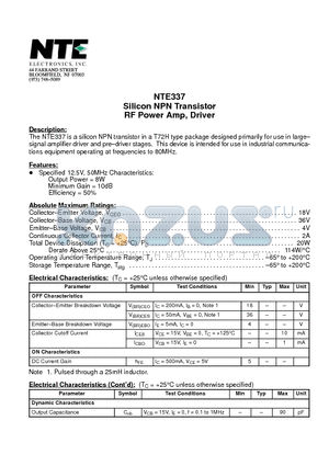 NTE337 datasheet - Silicon NPN Transistor RF Power Amp, Driver