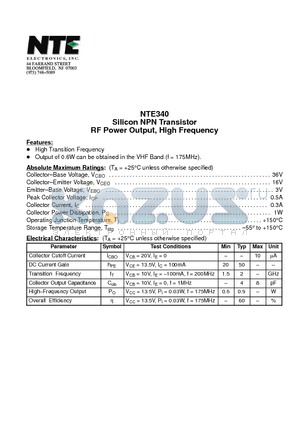 NTE340 datasheet - Silicon NPN Transistor RF Power Output, High Frequency