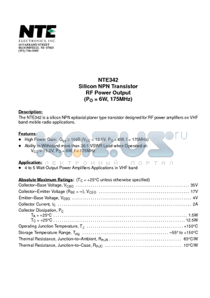 NTE342 datasheet - Silicon NPN Transistor RF Power Output (PO = 6W, 175MHz)