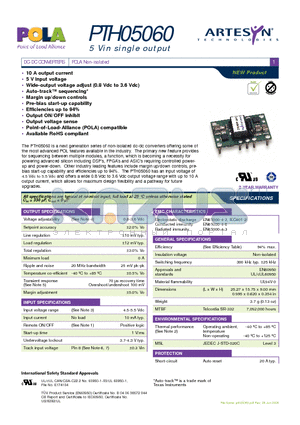 PTH05060WADT datasheet - DC-DC CONVERTERS POLA Non-isolated