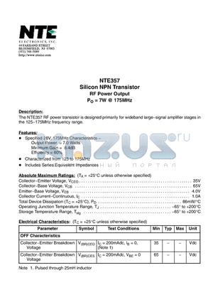 NTE357 datasheet - Silicon NPN Transistor RF Power Output PO = 7W @ 175MHz