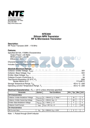 NTE359 datasheet - Silicon NPN Transistor RF & Microwave Transistor