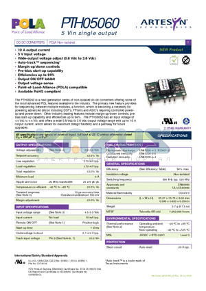 PTH05060WAH datasheet - DC-DC CONVERTERS POLA Non-isolated