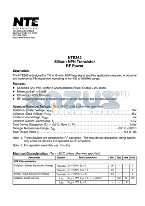 NTE362 datasheet - Silicon NPN Transistor RF Power