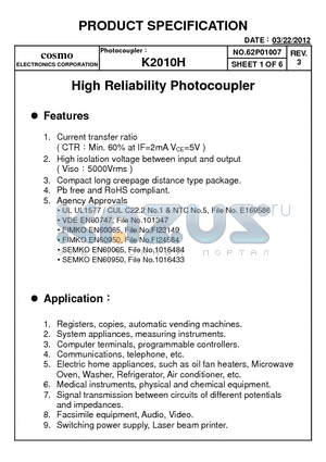 K20103A datasheet - High Reliability Photocoupler