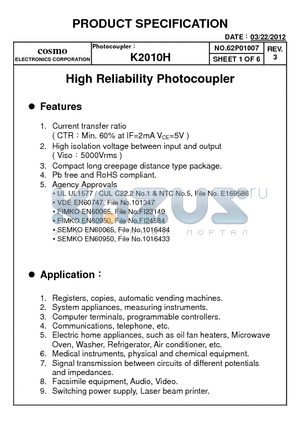 K20103C datasheet - High Reliability Photocoupler