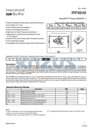 IRF6648 datasheet - DirectFET Power MOSFET