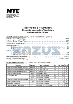 NTE373 datasheet - Silicon Complementary Transistors Audio Amplifier, Driver