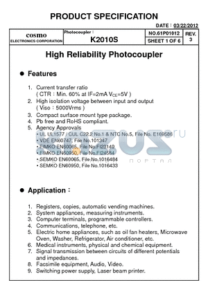 K2010S datasheet - High Reliability Photocoupler