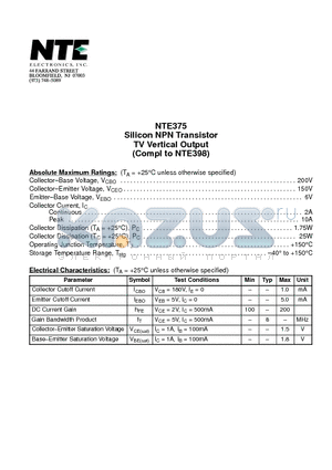 NTE375 datasheet - Silicon NPN Transistor TV Vertical Output (Compl to NTE398)