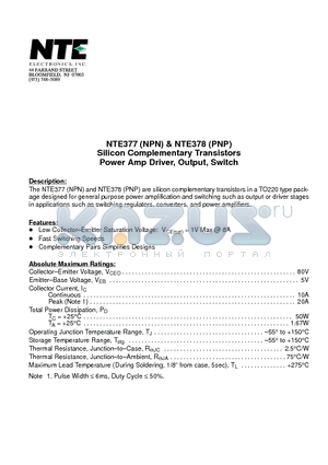 NTE377 datasheet - Silicon Complementary Transistors Power Amp Driver, Output, Switch