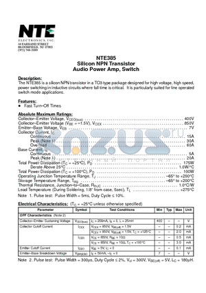 NTE385 datasheet - Silicon NPN Transistor Audio Power Amp, Switch