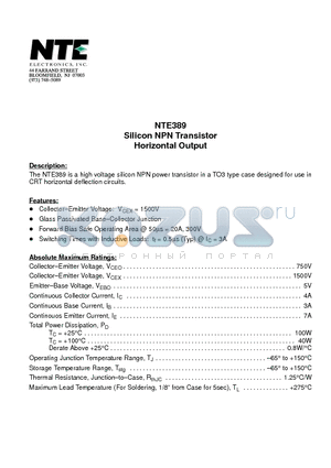 NTE389 datasheet - Silicon NPN Transistor Horizontal Output