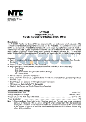 NTE3881 datasheet - Integrated Circuit NMOS, Parallel I/O Interface (PIO), 4MHz