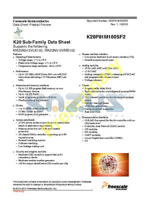 K20P81M100SF2 datasheet - K20 Sub-Family Data Sheet